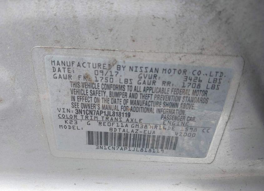 Photo 9 of 2018 Nissan Versa 1.6 S+ (VIN 3N1CN7AP1JL818119)