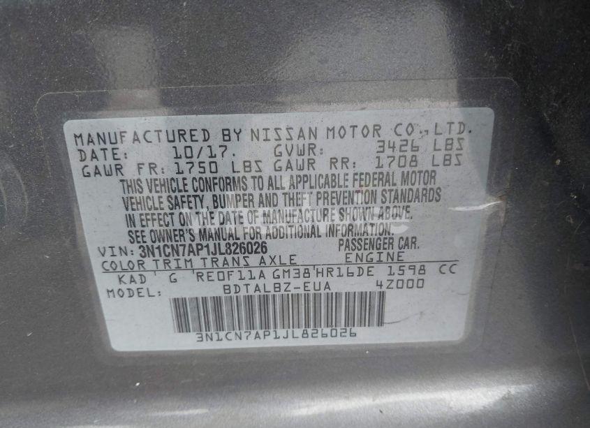 Photo 9 of 2018 Nissan Versa 1.6 SV (VIN 3N1CN7AP1JL826026)