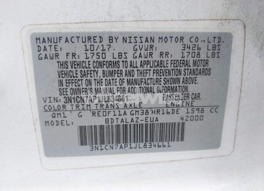 Photo 9 of 2018 Nissan Versa 1.6 S+ (VIN 3N1CN7AP1JL834661)