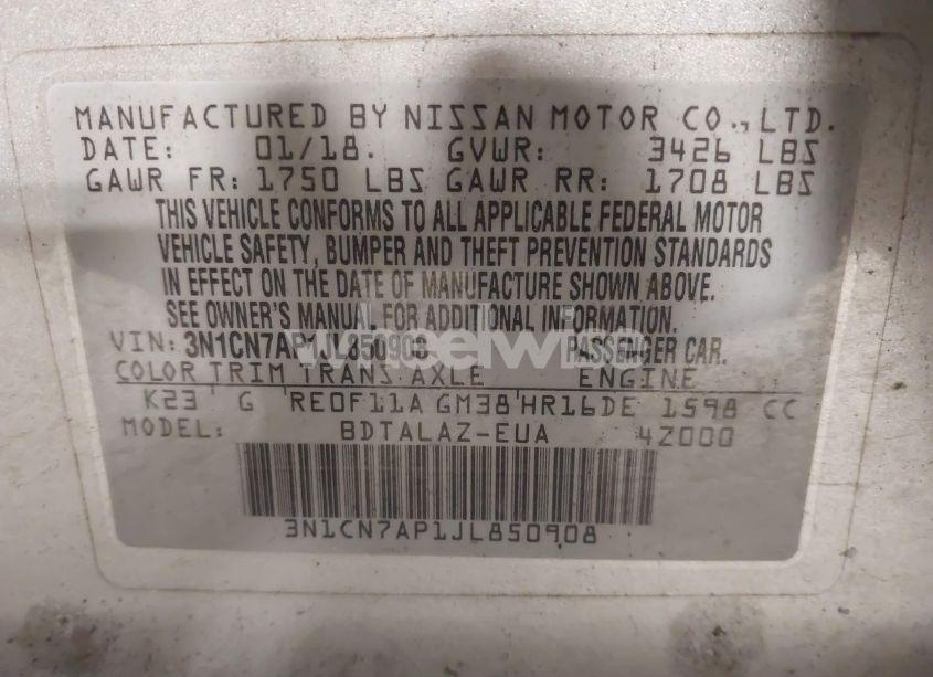 Photo 9 of 2018 Nissan Versa 1.6 S+ (VIN 3N1CN7AP1JL850908)