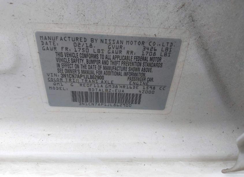 Photo 9 of 2018 Nissan Versa 1.6 SV (VIN 3N1CN7AP1JL862900)