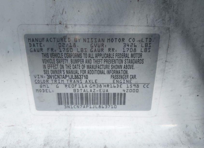 Photo 9 of 2018 Nissan Versa 1.6 S+ (VIN 3N1CN7AP1JL863710)