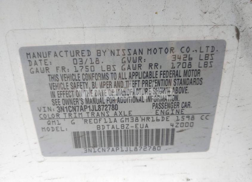 Photo 9 of 2018 Nissan Versa 1.6 SV (VIN 3N1CN7AP1JL872780)