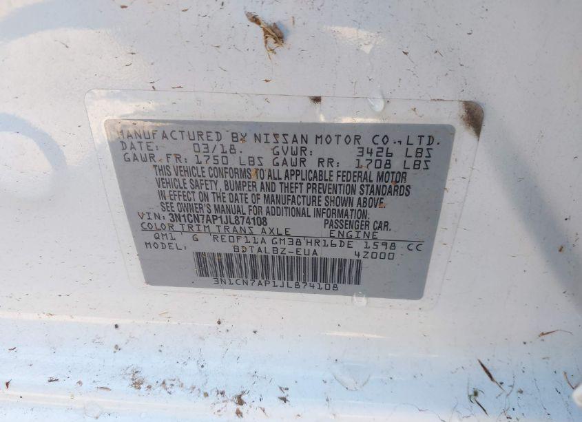 Photo 9 of 2018 Nissan Versa 1.6 SV (VIN 3N1CN7AP1JL874108)