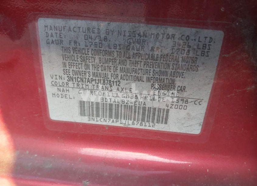 Photo 9 of 2018 Nissan Versa 1.6 SV (VIN 3N1CN7AP1JL878112)