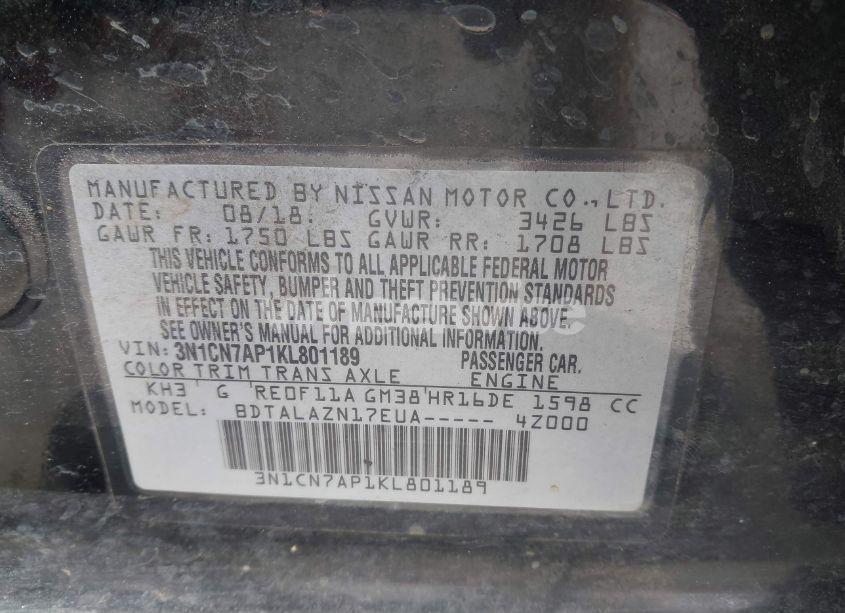 Photo 9 of 2019 Nissan Versa 1.6 S+ (VIN 3N1CN7AP1KL801189)