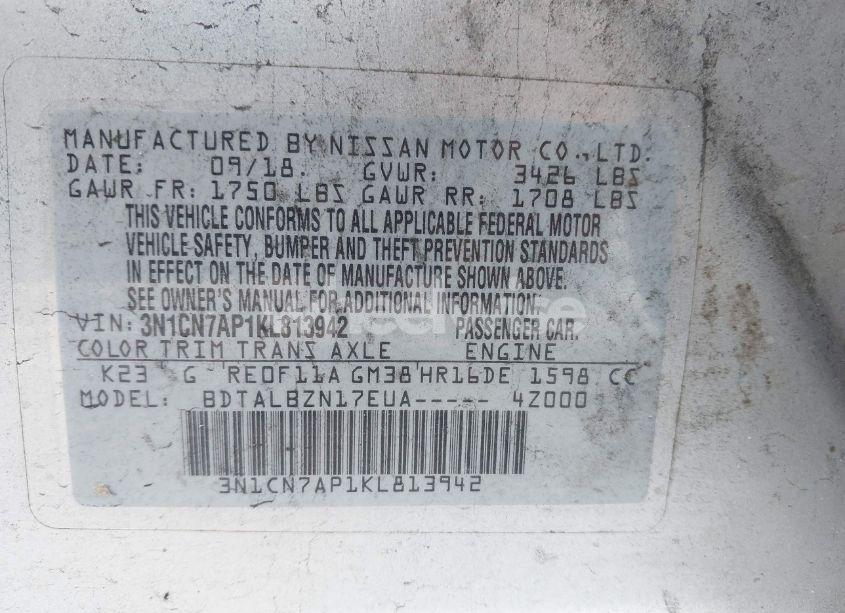 Photo 9 of 2019 Nissan Versa 1.6 SV (VIN 3N1CN7AP1KL813942)