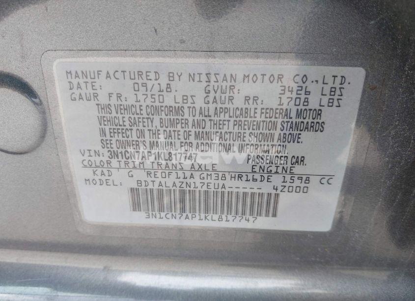 Photo 9 of 2019 Nissan Versa 1.6 S+ (VIN 3N1CN7AP1KL817747)