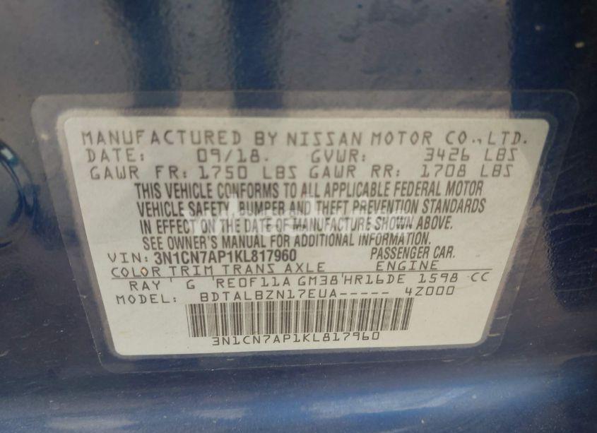 Photo 9 of 2019 Nissan Versa 1.6 SV (VIN 3N1CN7AP1KL817960)