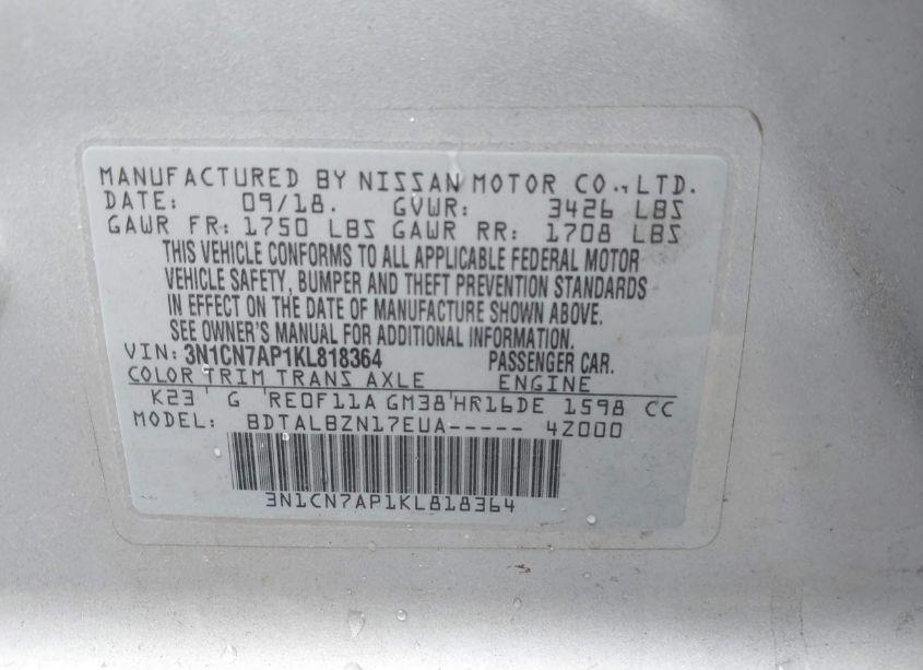 Photo 9 of 2019 Nissan Versa 1.6 SV (VIN 3N1CN7AP1KL818364)