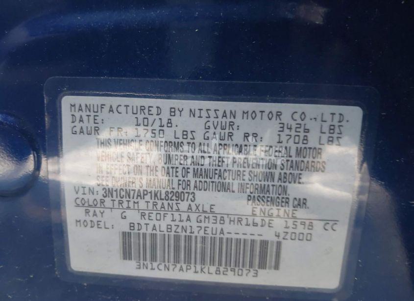 Photo 9 of 2019 Nissan Versa 1.6 SV (VIN 3N1CN7AP1KL829073)