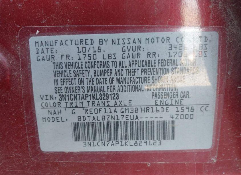 Photo 9 of 2019 Nissan Versa 1.6 SV (VIN 3N1CN7AP1KL829123)