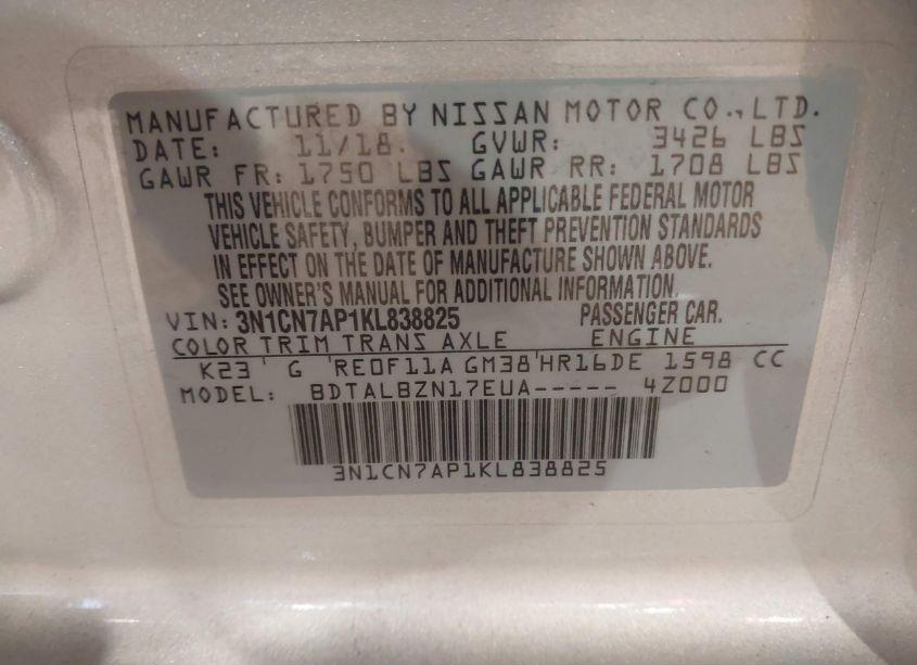 Photo 9 of 2019 Nissan Versa 1.6 SV (VIN 3N1CN7AP1KL838825)