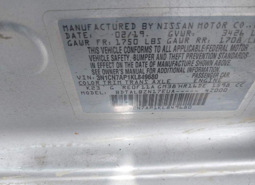 Photo 9 of 2019 Nissan Versa 1.6 SV (VIN 3N1CN7AP1KL849680)