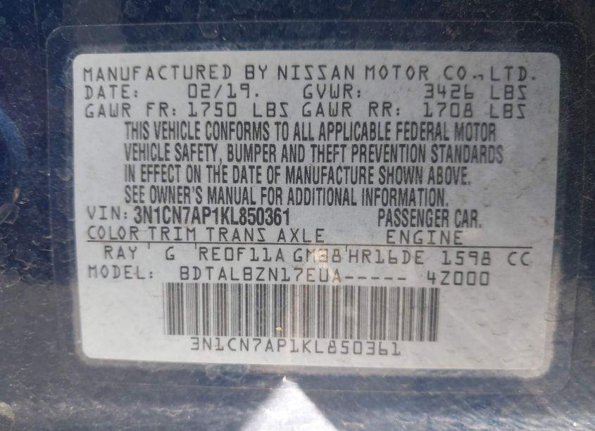 Photo 9 of 2019 Nissan Versa 1.6 SV (VIN 3N1CN7AP1KL850361)