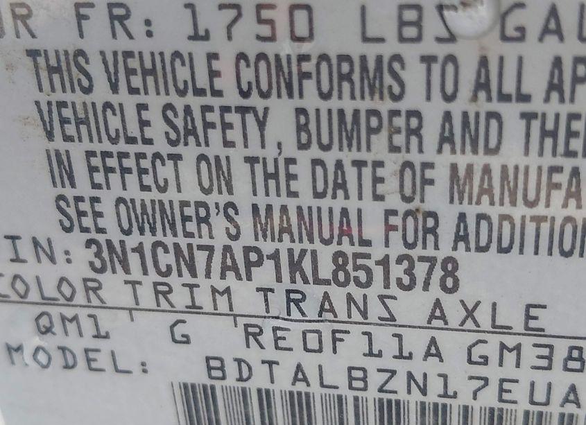 Photo 9 of 2019 Nissan Versa 1.6 SV (VIN 3N1CN7AP1KL851378)