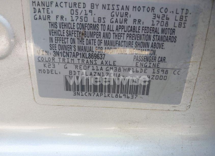 Photo 9 of 2019 Nissan Versa 1.6 S+ (VIN 3N1CN7AP1KL869637)