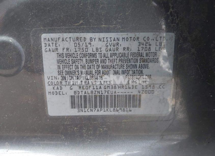 Photo 9 of 2019 Nissan Versa 1.6 SV (VIN 3N1CN7AP1KL869816)