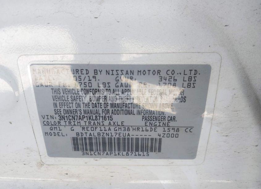 Photo 9 of 2019 Nissan Versa 1.6 SV (VIN 3N1CN7AP1KL871615)