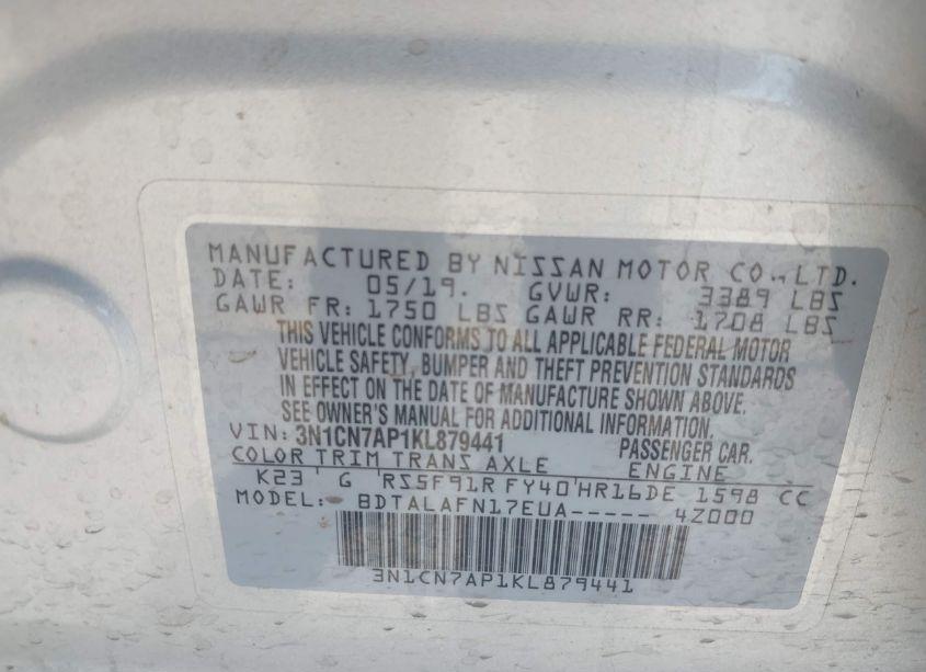 Photo 9 of 2019 Nissan Versa 1.6 S (VIN 3N1CN7AP1KL879441)