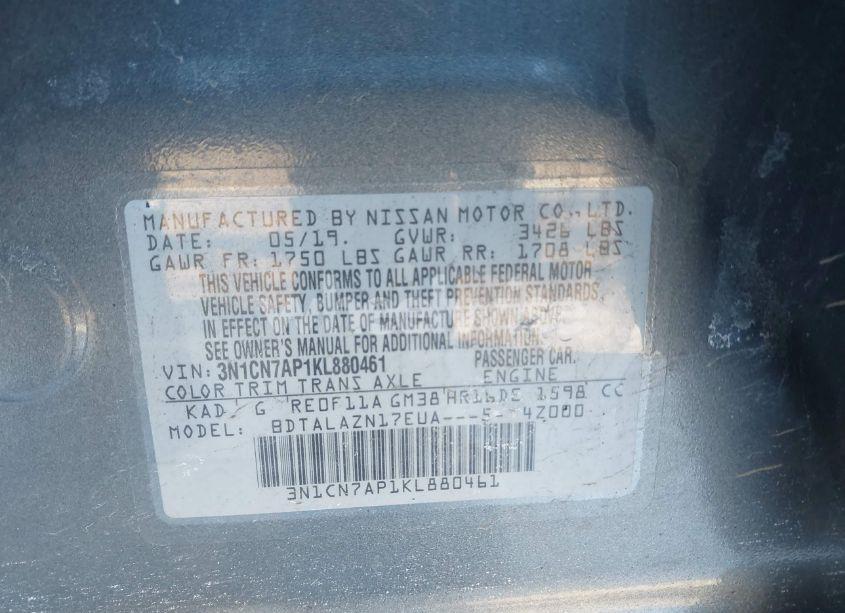 Photo 9 of 2019 Nissan Versa 1.6 S+ (VIN 3N1CN7AP1KL880461)