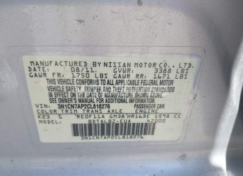 Photo 9 of 2012 Nissan Versa 1.6 SV (VIN 3N1CN7AP2CL818276)