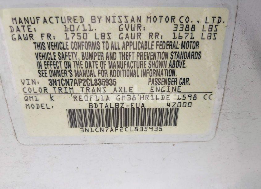 Photo 9 of 2012 Nissan Versa 1.6 SV (VIN 3N1CN7AP2CL835935)
