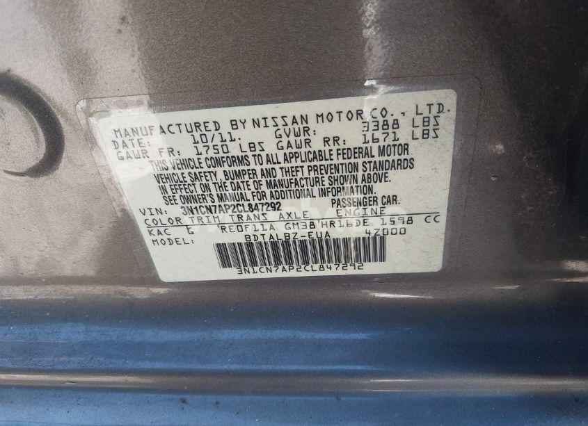 Photo 9 of 2012 Nissan Versa 1.6 SV (VIN 3N1CN7AP2CL847292)