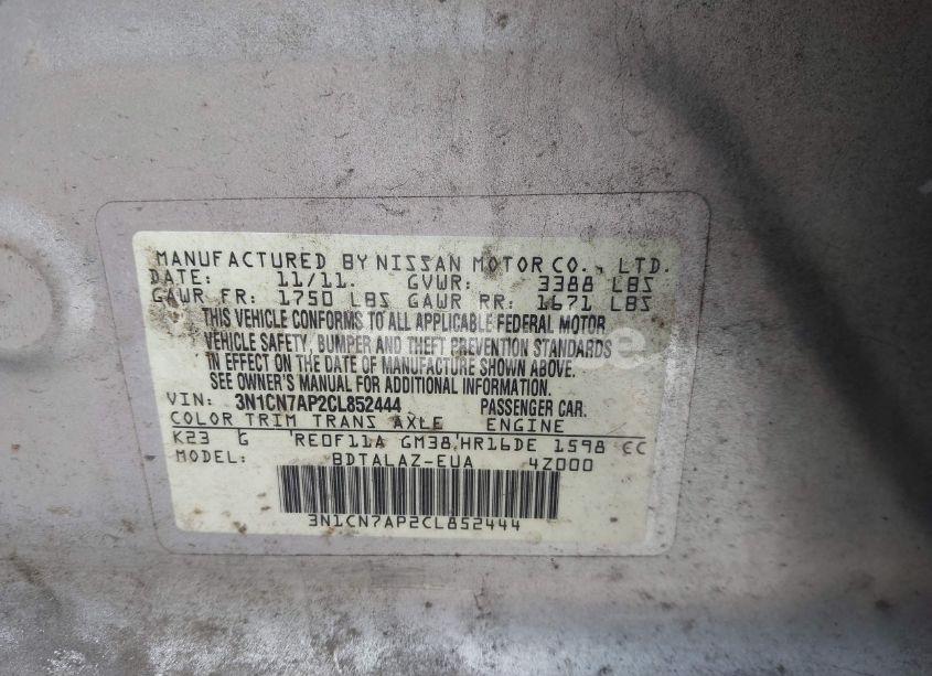 Photo 9 of 2012 Nissan Versa 1.6 S (VIN 3N1CN7AP2CL852444)