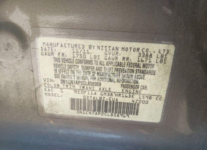 Photo 9 of 2012 Nissan Versa 1.6 SV (VIN 3N1CN7AP2CL858969)