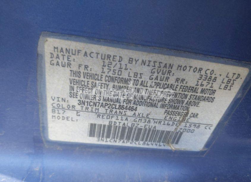 Photo 9 of 2012 Nissan Versa 1.6 SV (VIN 3N1CN7AP2CL864464)