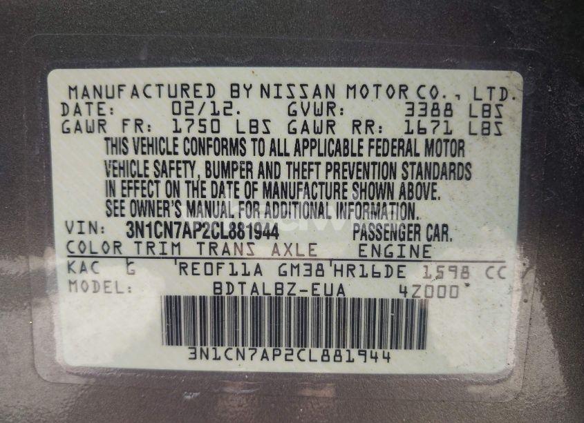 Photo 9 of 2012 Nissan Versa 1.6 SV (VIN 3N1CN7AP2CL881944)