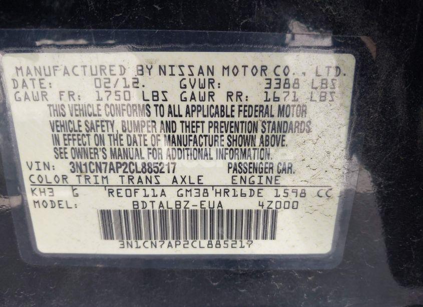 Photo 9 of 2012 Nissan Versa 1.6 SV (VIN 3N1CN7AP2CL885217)