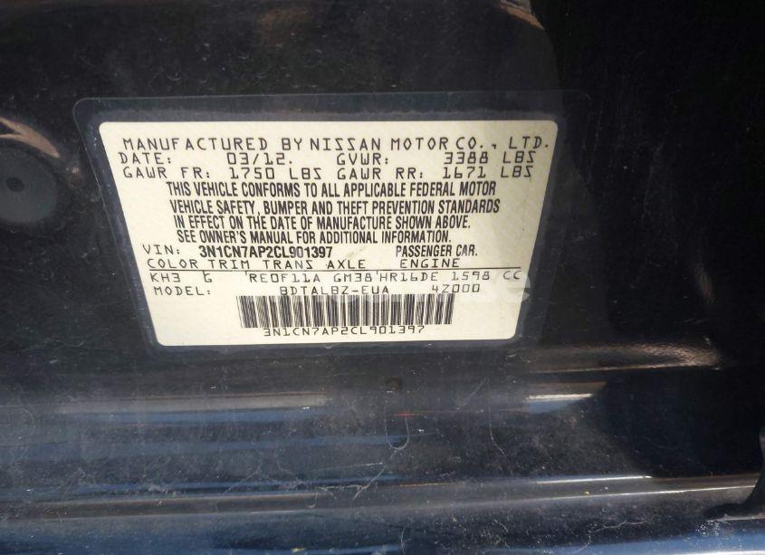 Photo 9 of 2012 Nissan Versa 1.6 SV (VIN 3N1CN7AP2CL901397)