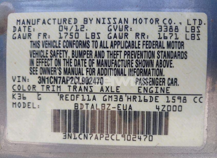 Photo 9 of 2012 Nissan Versa 1.6 SV (VIN 3N1CN7AP2CL902470)