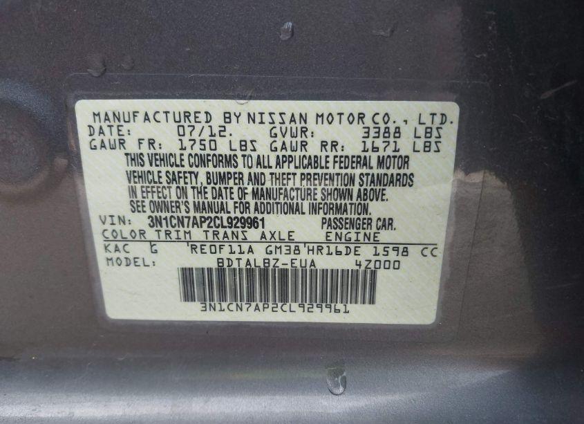 Photo 9 of 2012 Nissan Versa 1.6 SV (VIN 3N1CN7AP2CL929961)