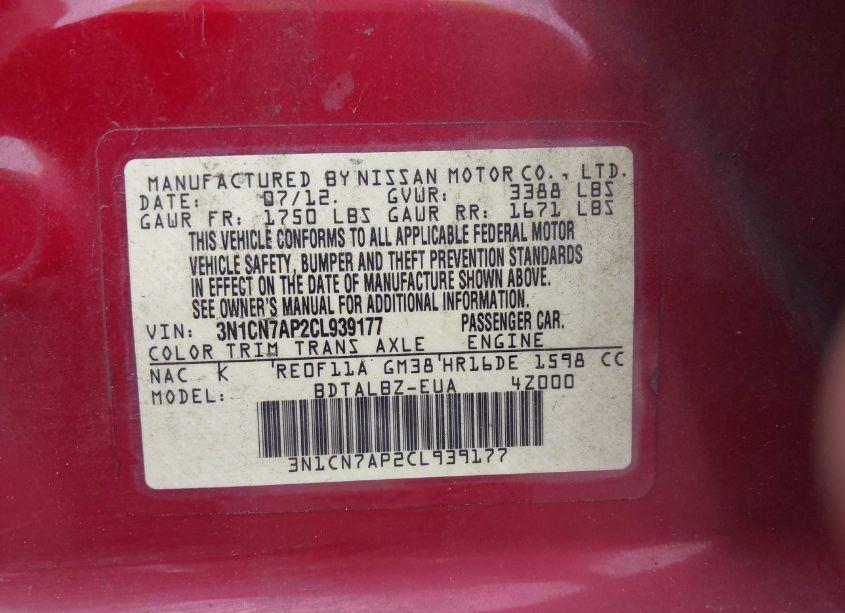 Photo 9 of 2012 Nissan Versa 1.6 SV (VIN 3N1CN7AP2CL939177)