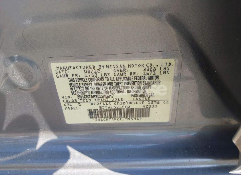 Photo 9 of 2012 Nissan Versa 1.6 SL (VIN 3N1CN7AP2CL945917)