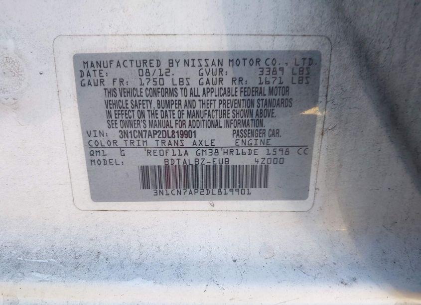 Photo 9 of 2013 Nissan Versa 1.6 SV (VIN 3N1CN7AP2DL819901)