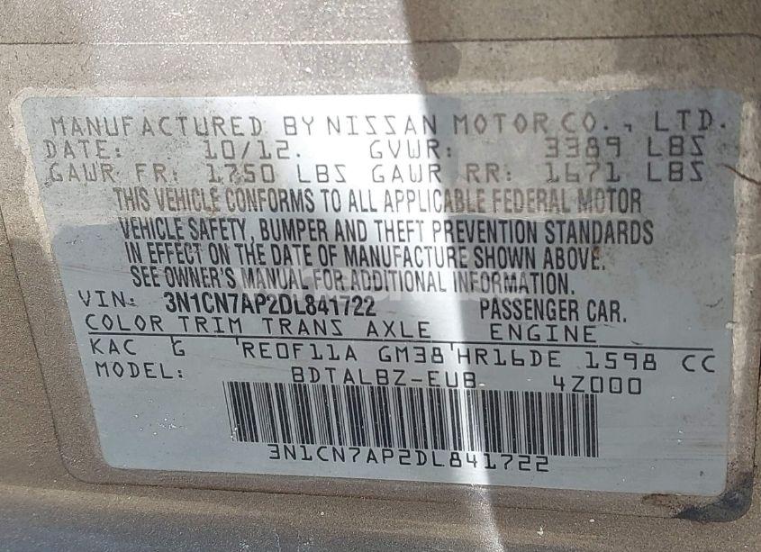 Photo 9 of 2013 Nissan Versa 1.6 SV (VIN 3N1CN7AP2DL841722)