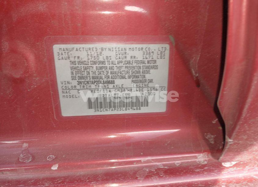 Photo 9 of 2013 Nissan Versa 1.6 SV (VIN 3N1CN7AP2DL849688)