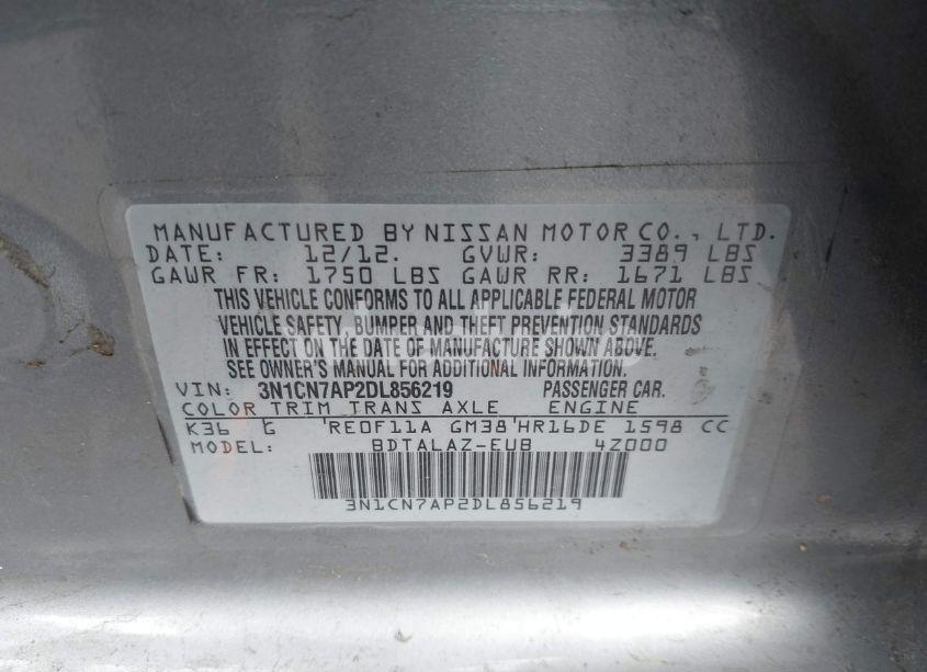 Photo 9 of 2013 Nissan Versa 1.6 S+ (VIN 3N1CN7AP2DL856219)