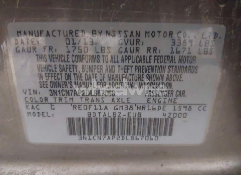 Photo 9 of 2013 Nissan Versa 1.6 SV (VIN 3N1CN7AP2DL867060)