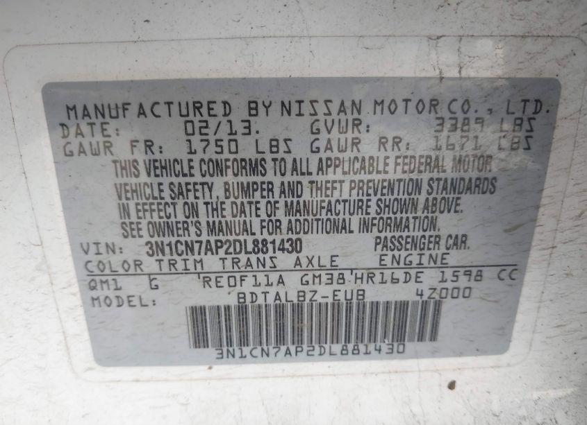 Photo 9 of 2013 Nissan Versa 1.6 SV (VIN 3N1CN7AP2DL881430)