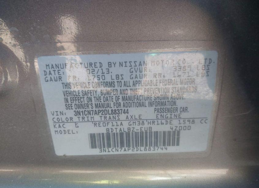 Photo 9 of 2013 Nissan Versa 1.6 SV (VIN 3N1CN7AP2DL883744)