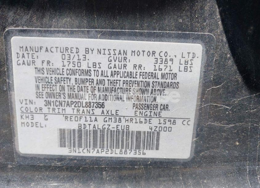 Photo 9 of 2013 Nissan Versa 1.6 SL (VIN 3N1CN7AP2DL887356)