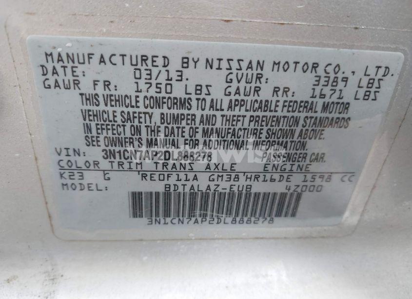 Photo 9 of 2013 Nissan Versa 1.6 S+ (VIN 3N1CN7AP2DL888278)