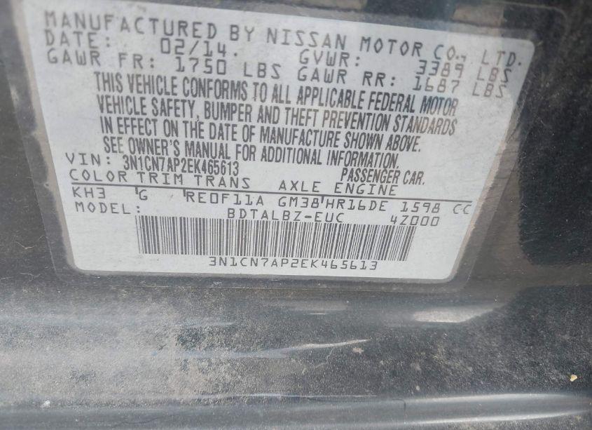 Photo 9 of 2014 Nissan Versa 1.6 SV (VIN 3N1CN7AP2EK465613)