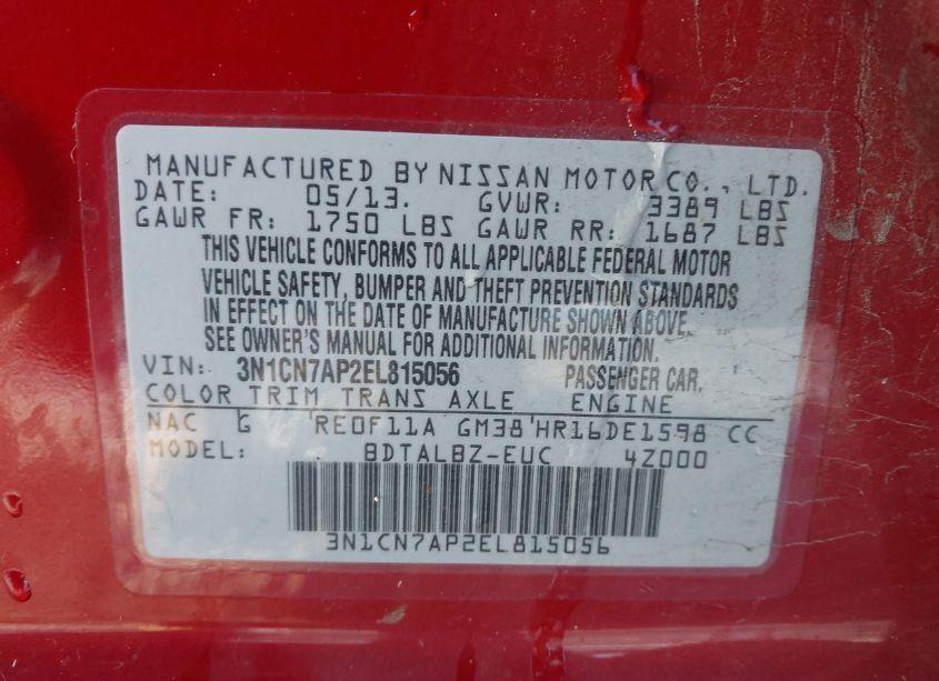 Photo 9 of 2014 Nissan Versa 1.6 SV (VIN 3N1CN7AP2EL815056)