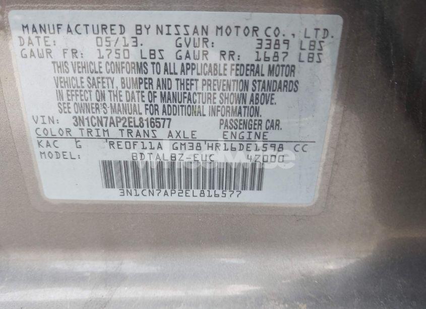 Photo 9 of 2014 Nissan Versa 1.6 SV (VIN 3N1CN7AP2EL816577)